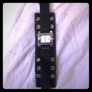 Wide leather band watch